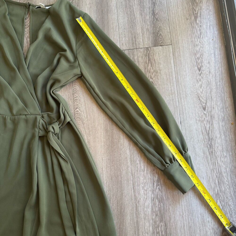 Topshop Wrap Over Olive Midi A-Dress Belted Knot Bishop Long Sleeves Sz 4 - Picture 6 of 15